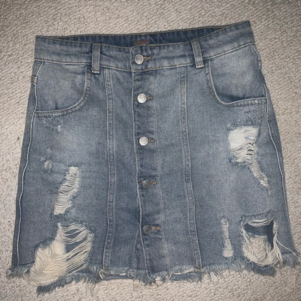 Free people light wash button up jean skirt